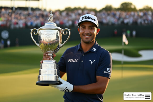 Aaron Rai holding the Wanamaker Trophy at the 2026 PGA Championship