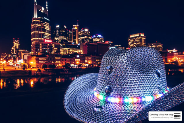 disco cowgirl hat sparkling under Nashville skyline lights