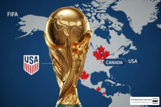 FIFA World Cup 2026 trophy in front of a North American map