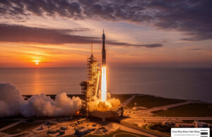 NASA Leadership Shakeup Survival Guide NASA rocket launch from Wallops Flight Facility at sunset with launch pad and ocean visible