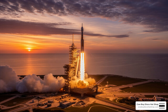 NASA rocket launch from Wallops Flight Facility at sunset with launch pad and ocean visible
