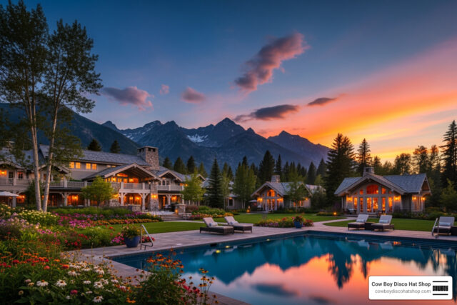 American luxury resort at sunset with mountain backdrop