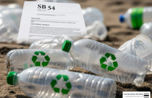 The Complete Guide to California’s New Plastic Recycling Rules Controversy California plastic packaging waste on a beach with recycling symbols and SB 54 policy backdrop
