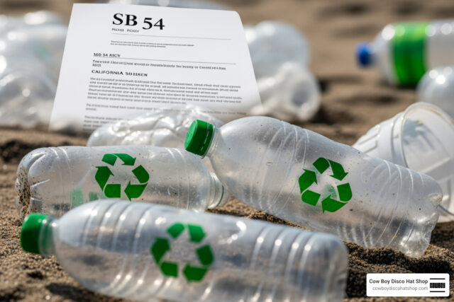 California plastic packaging waste on a beach with recycling symbols and SB 54 policy backdrop