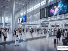 The Tech Revolution: How AI and Automation Shape Modern Travel AI and automation shaping modern travel in a futuristic airport terminal
