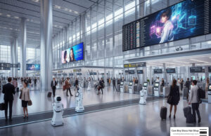 The Tech Revolution: How AI and Automation Shape Modern Travel AI and automation shaping modern travel in a futuristic airport terminal
