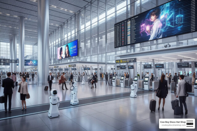 AI and automation shaping modern travel in a futuristic airport terminal