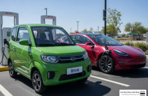 The Complete Guide to Buying Chinese EVs in the US? Chinese EV BYD Seagull parked next to a Tesla at a charging station
