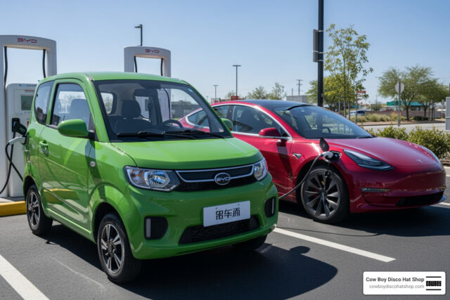 will-you-ever-be-able-to-buy-a-chinese-ev-in-the-us?-dc-says-no-image Chinese EV BYD Seagull parked next to a Tesla at a charging station